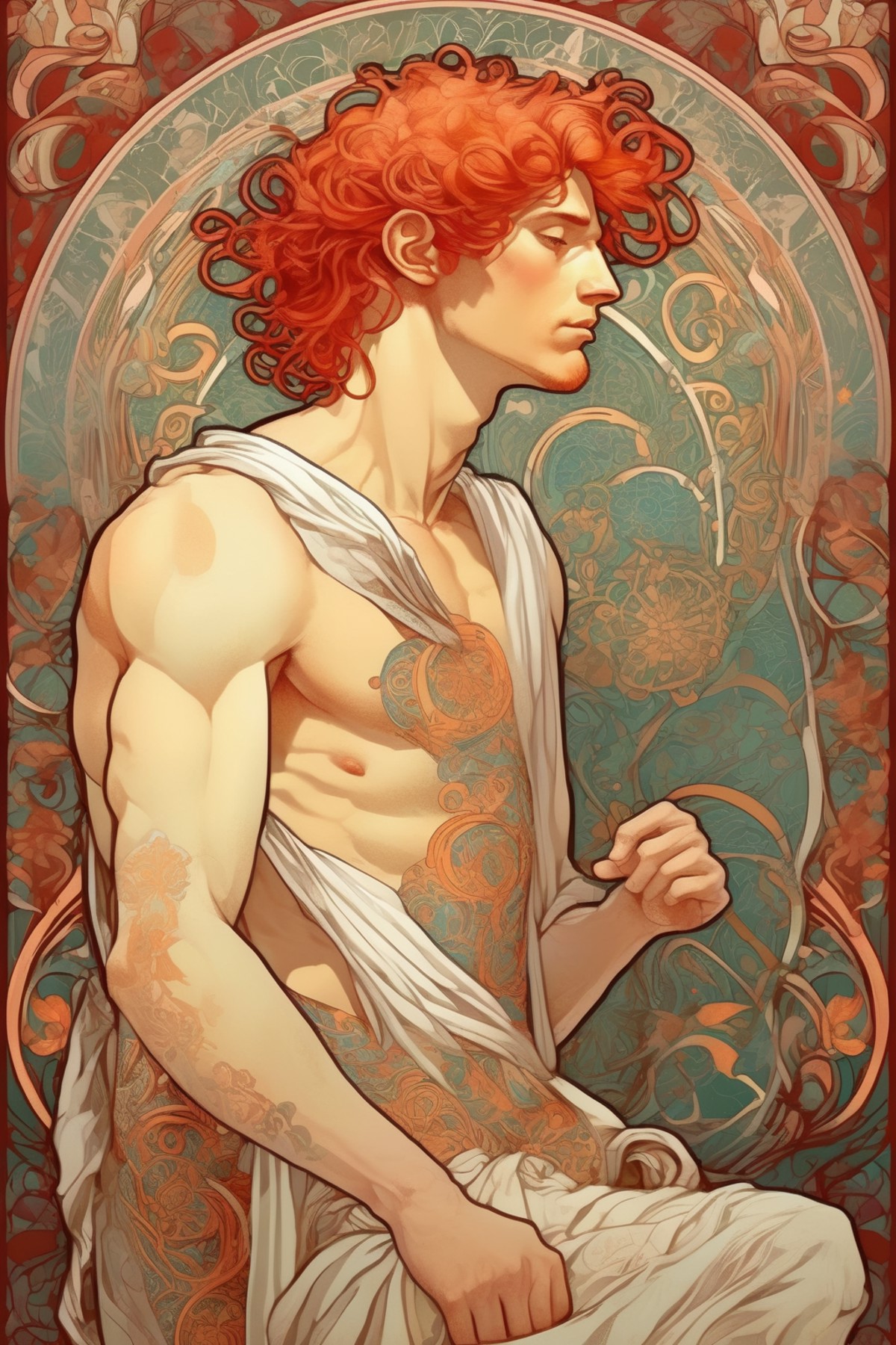 <lora:Alphonse Mucha Style:1>Alphonse Mucha Style - intricate art nouveau red haired man in toga with beautiful vector pat...